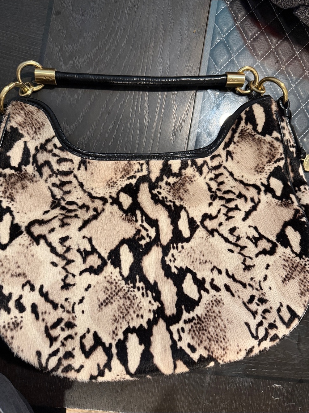 Faux Fur Snake-Print Shoulder Bag in Cream & Black